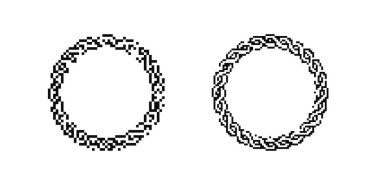 Yan yana gösterilen basit geometrik desenli iki dairesel siyah pikselli sanat çelengi.