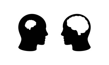 İki siluet karşı karşıya, siyah ve beyaz tasarımı olan bir beyin ve bir zihni vurguluyorlar..