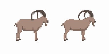 Yan görünümde geniş eğri boynuzları olan pikselli sanat dağ keçisi benzersiz özelliklerini vurguluyor..