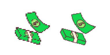 Parlak yeşil pikseller, dolar banknotları ve dolar işaretli desteler, oyuncu bir tarzla..