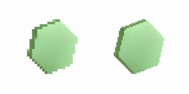 Kaba piksel kenarlı iki yeşil altıgen. Minimalist tarzda basit geometrik şekiller.