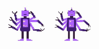 Çoklu kollu, mor renkli pikselli sanat robotu kare bir kafa ve basit bir yüz ifadesi sergiliyor..
