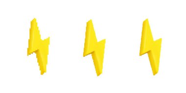 Enerji ve gücü temsil eden üç sarı yıldırım sembolü. Her sembol basit bir tasarım içerir.