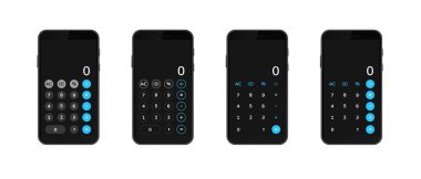 Çeşitli işlevler için eşsiz anahtar düzenleri ve renk karşıtlıklarını gösteren akıllı telefon hesap makinelerinin görüntüsü.