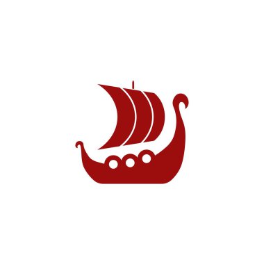 İskandinav mitolojisi ve ortaçağ İskandinav savaş gemilerini sembolize eden yay, yelken ve kalkan şeklinde ejderha şekilli minimalist bir kırmızı Viking gemisi simgesi..