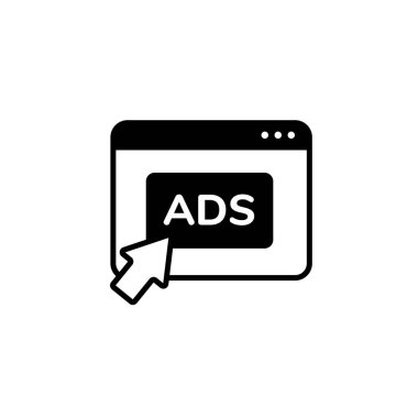 Konuşma balonu ve bilgisayar ekranı elementleri ile dijital reklam gösteren siyah beyaz simge.