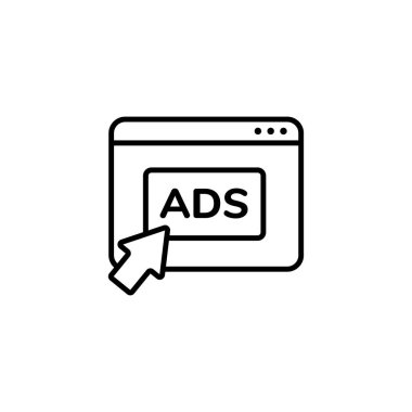 Bir web sayfasının reklam metniyle siyah beyaz çizgi simgesi ve çevrimiçi reklamları belirtmek için üzerine tıklayan bir imleç.