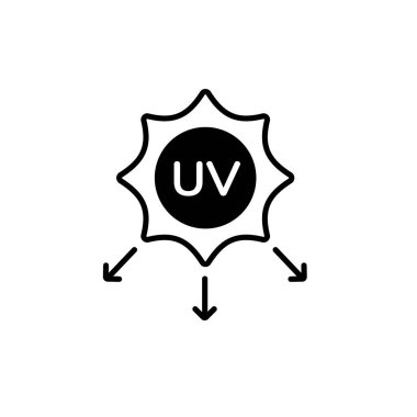 Siyah ve beyaz uv koruma simgesi yönlü oklarla ışınlar saçan bir güneş sembolü içerir.