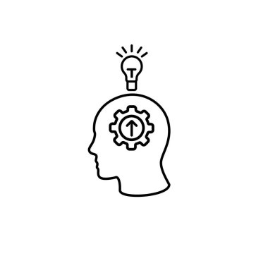 İçinde yukarı doğru vites ve yaratıcı düşünce için bir ampul olan bir insan kafası tasvir ediliyor..