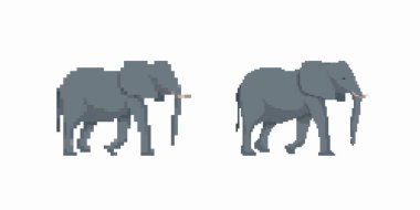 Piksel sanat tarzında iki fil kendine özgü uzun gövdeli eşsiz minimalist tasarımı sergiliyor..
