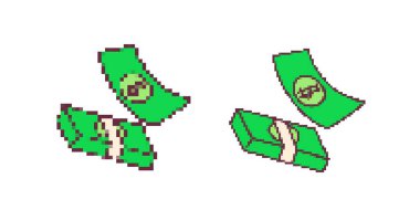 Parlak yeşil pikseller, dolar banknotları ve dolar işaretli desteler, oyuncu bir tarzla..