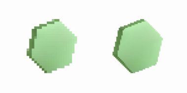 Kaba piksel kenarlı iki yeşil altıgen. Minimalist tarzda basit geometrik şekiller.