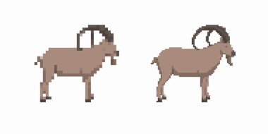 Yan görünümde geniş eğri boynuzları olan pikselli sanat dağ keçisi benzersiz özelliklerini vurguluyor..