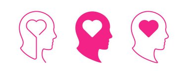 Üç baş silueti kalp şekillerini gösteriyor, aşk ve zihin fikirlerini kalın pembe çizgilerle harmanlıyor..