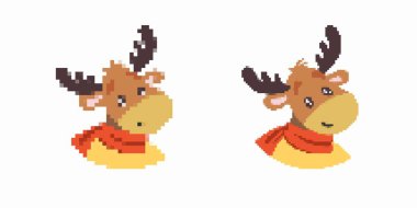 Boynuzlu ve kırmızı eşarplı iki pikselli ren geyiği. Biri basit özelliklere sahip, diğeri ise detaylı..