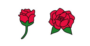 Minimalist sanatta yeşil yapraklı farklı tasarımlar gösteren iki çizgi film tarzı kırmızı güller..