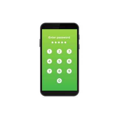 Güvenli parola girişi için simgelerle gösterilen yeşil ekranlı akıllı telefon ekranı.