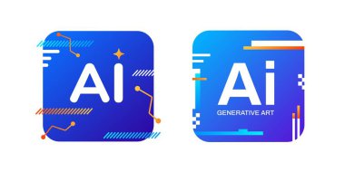 Renkli hata efektleri, üretici tasarım ve gradyan tipografisi olan, sanal zekayı, çevrimiçi ağları ve akıllı sohbet robotu programlarını sembolize eden modern bir yapay zeka logosu..