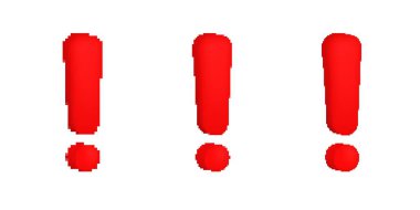 Parlak efektli üç pikselli kırmızı ünlem işareti, cesur bir dijital tipografi tarzı içeriyor