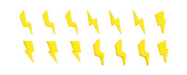 Parlak sarı yıldırım sembolleri koleksiyonu. Her cıvata çeşitli açılarda gösterilir.