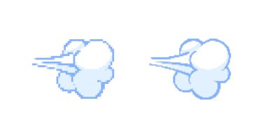 Çizgileri olan iki bulut benzeri şekil, dinamik hareket gösteren çizgi film tarzında hızlı hareketi akla getiriyor..