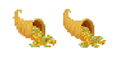 Pixel Art Cornucopia simgesi mozaik tarzında renkli yiyeceklerle hasat temasını sergiliyor.
