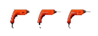 Parlak kırmızı renkli pikselli elektrikli matkap simgesi mozaik elementlerle retro sprite tarzında tasarlanmış..