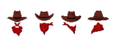 Mozaik pikselli kovboy şapkaları ve piksel retro sanat tarzının yer aldığı bandanaların koleksiyonu.