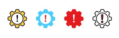Simge seti uyarı ve uyarıyı temsil eden ünlem işaretli renkli dişli sembolleri içerir.