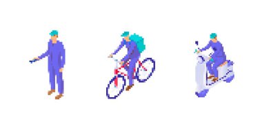 Teslimatçının yürüme, bisiklete binme ve mozaik tarzda scooter sürme ikonlarının renkli pikselleri.