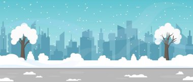 Şehir kışın gökyüzünde karlı ağaçlar ve ön planda kentsel binaların silueti var..