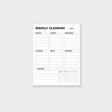 Haftalık temizlik formunun şablonu. Ev işlerini kolaylıkla takip etmek için her gün için bölümler içerir.