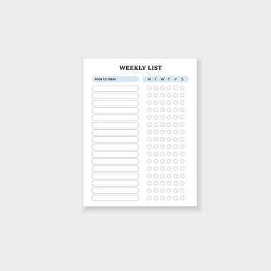 Düzenli bölümler ve görevler için haftalık günlük günlük işleri izlemek için kontrol listesi formu temizleniyor.