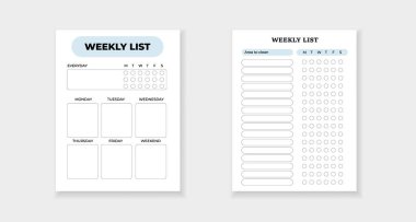 Görevleri düzenlemeye ve zamanı etkili bir şekilde yönetmeye yardımcı olmak için haftalık planlayıcı ve temizlik listesi formları.