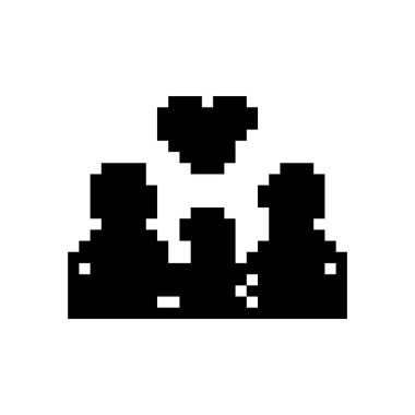 Siyah ve beyaz pikseller iki kişiyi ve kalbi retro karikatür tarzında gösteriyor. Mozaik etkisi.