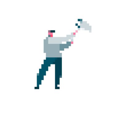 Elinde çekiç olan pikselli karakter, mozaik özellikli canlı bir retro-sprite tarzı tasarlanmış..