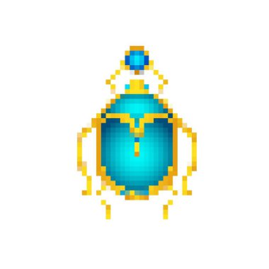 Pikselleştirilmiş, altın aksanlı ve mücevherli, eski mozaik tarzını yansıtan mavi bir böcek ikonu..