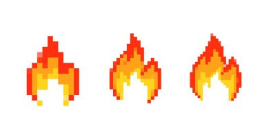 Kırmızı ve sarı renklerde pikselleştirilmiş ateş simgeleri. Geçmişe dönük oyunlar ve ui dekorasyonu için mükemmel.