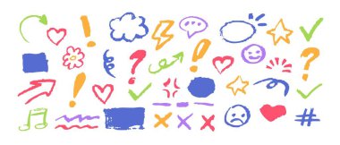 Renkli karalamalar arasında oklar, simgeler ve renklendirme, notlama ve eğlence simgeleri yer alıyor.