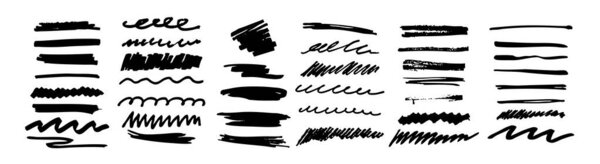 Коллекция черных линий ручной работы в различных стилях, используемых для аннотаций и декорирования.