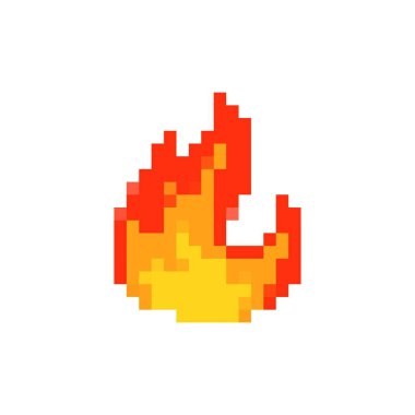 Kırmızı ve sarı renklerdeki pikselleştirilmiş alev simgesi nostaljik oyun tasarımını çağrıştırıyor.