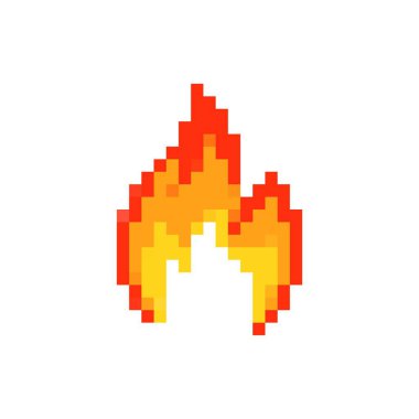 Bu simge mozaik piksel sanatında ateşli bir alev yakalar, retro oyun tarzında parlak renkler gösterir.