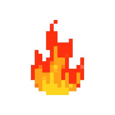 Mozaik görünümlü canlı renkler ve anlamlı tasarım içeren piksel resim tarzında ateş simgesi.