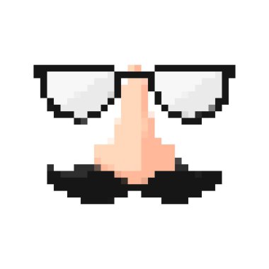 Oyuncu mozaik piksel simgesi. Klasik kılık değiştirme gözlükleri, burnu ve bıyığı var..