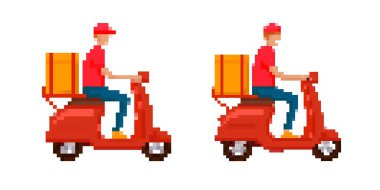 İki pikselli scooter sürücüsü parlak renkli paketler taşır. retro ve oyuncu tasarım elementleri.