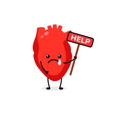 Üzgün bir karikatür kalbinde yardım isteyen bir tabela var. Bir gözyaşı ve endişeli bir ifade var..