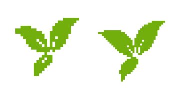Pikselleştirilmiş yeşil yaprak tasarımı retro 8-bit stili sergiliyor, oyun ögeleri veya dijital sanat projeleri için mükemmel.