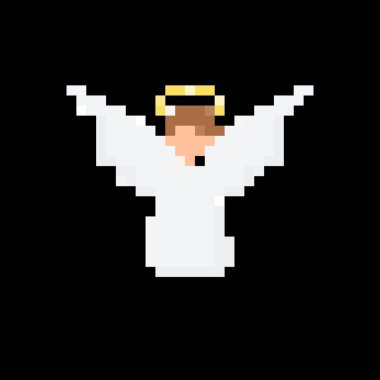 Kanatları ve halesi olan bir karikatür meleğinin pikselleştirilmiş görüntüsü. Kollarını neşeli bir ifadeyle kaldır..