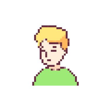 Mozaik pikselli sarı saçlı çocuk. Çizgi film tasarımı. Basit bir ifade, yeşil giymek..