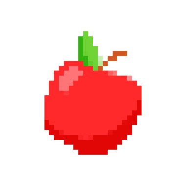 Yeşil yapraklı ve kahverengi saplı parlak kırmızı renkli bir mozaik piksel elma ikonu.